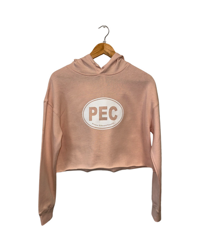 Blush pink crop hoodie with white pec oval design prince Edward County 
