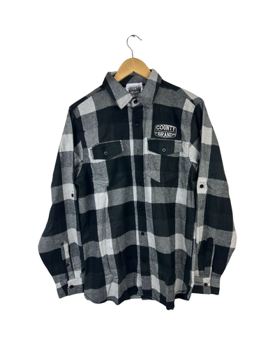 UNISEX MEN'S Flannel Cotton Plaid SHIRT PEC Oval Grey & Black Buffalo Plaid w/ COUNTY BRAND Patch
