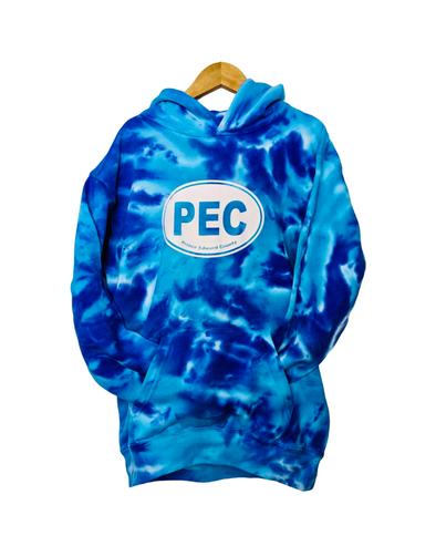 adult unisex tie dye hoodie multi blue with white pec oval design