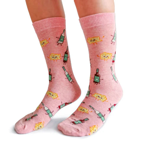 Wine Hearts Cheese Women's Crew Socks by Uptown Sox