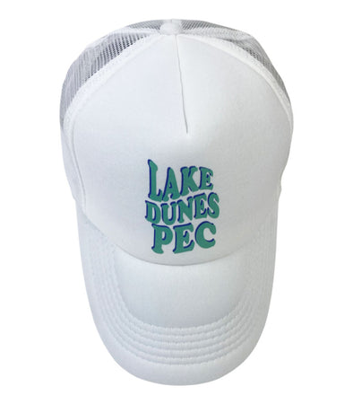 white foam mesh trucker hat with lake dunes pec design in blue