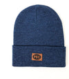navy heather merino wool made in canada beanie toque hat with faux leather pec oval embossed patch prince edward county