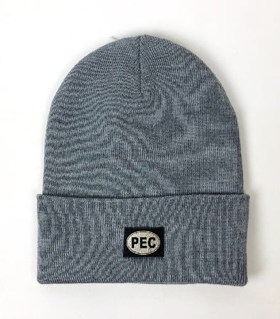 athletic heather light grey  merino wool made in canada beanie toque hat with faux leather pec oval embossed patch prince edward county