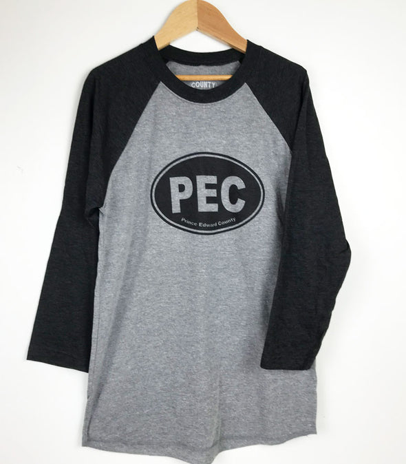 pec oval black design on a grey with black sleeves baseball shirt unisex size prince edward county
