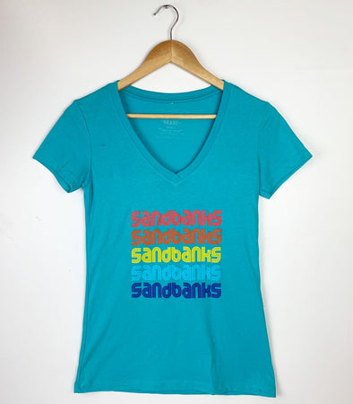 SANDBANKS 70's RETRO Women's Tahiti Blue Modern V-Neck T-Shirt