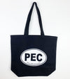 pec oval on black canvas tote prince edward county