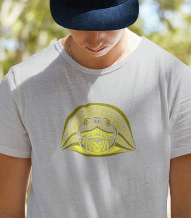 man wearing grey t-shirt with blandings turtle design