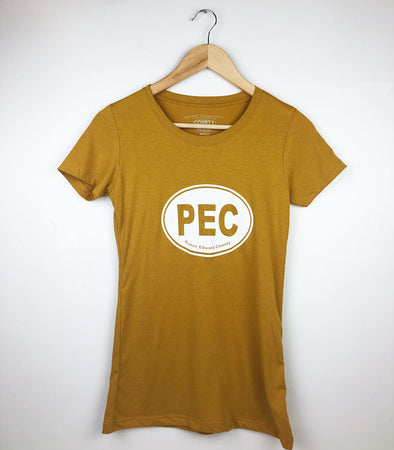 pec oval prince edward county white design on yellow gold  women's scoop crew neck t-shirt