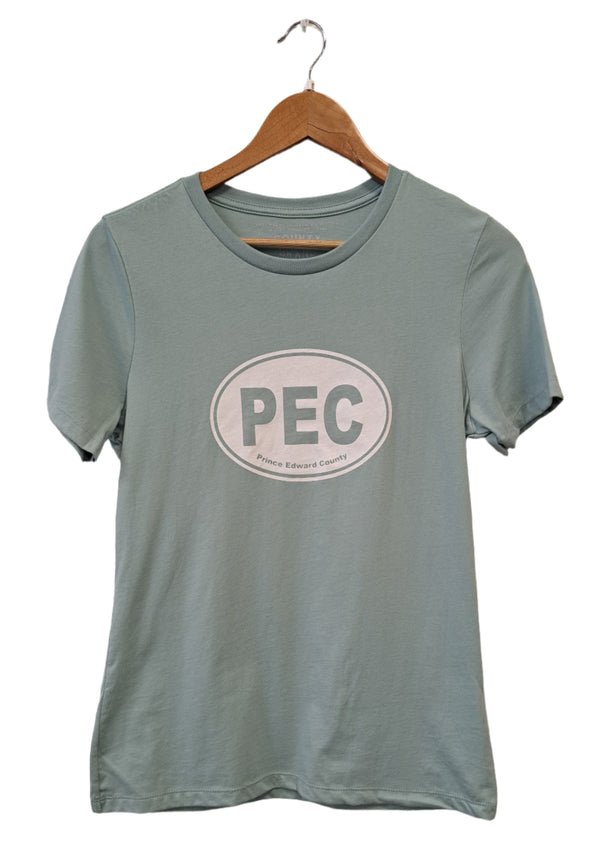 women's relaxed fit dusty blue t-shirt with white PEC oval prince edward county