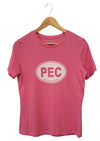 women's relaxed fit charity pink t-shirt with white PEC oval prince edward county