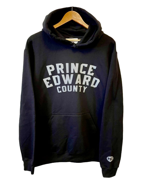 PRINCE EDWARD COUNTY Unisex Hoodie | Bold Text | Grey ink on Black | TINY OVAL SLEEVE
