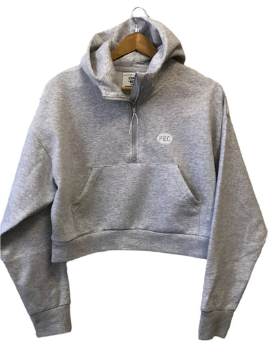 cropped half zip hoodie grey with pec oval design
