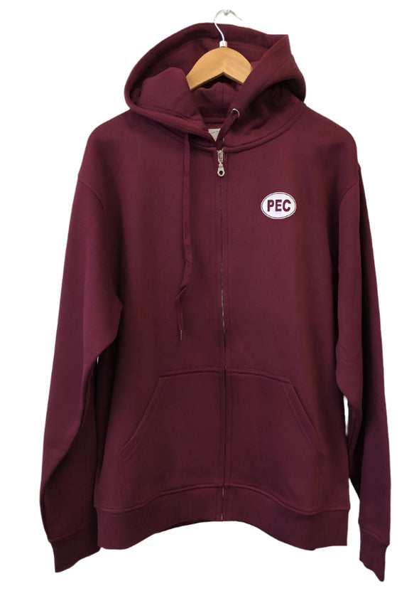 maroon full zip hoodie with pec oval design