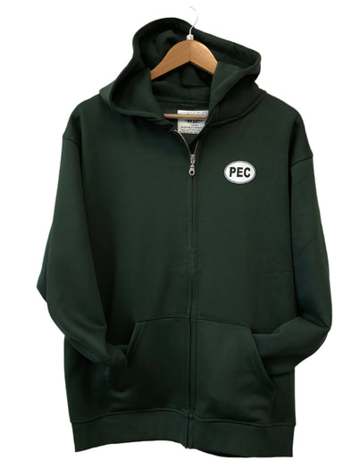 forest green full zip hoodie with pec oval design
