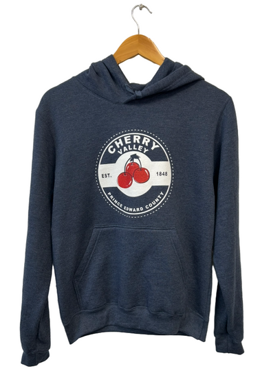 Hoodie, Cherry valley canning label, navy, heather navy, unisex 