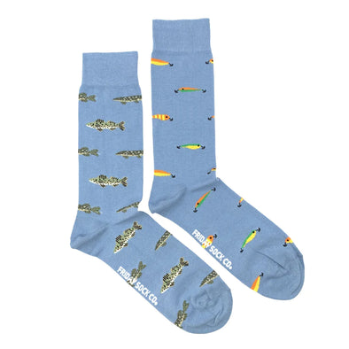 BLUE Fish & Fishing Lure Men's Mismatched Crew Socks by Friday Sock Co