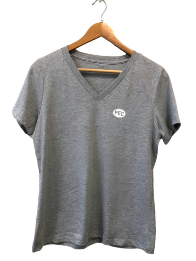 tiny pec oval on women's athletic grey v-neck t-shirt