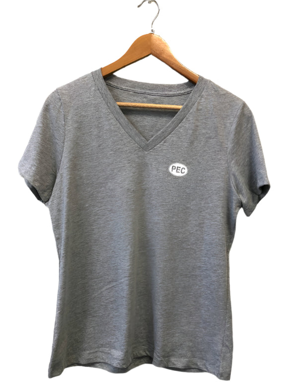 tiny pec oval on women's athletic grey v-neck t-shirt