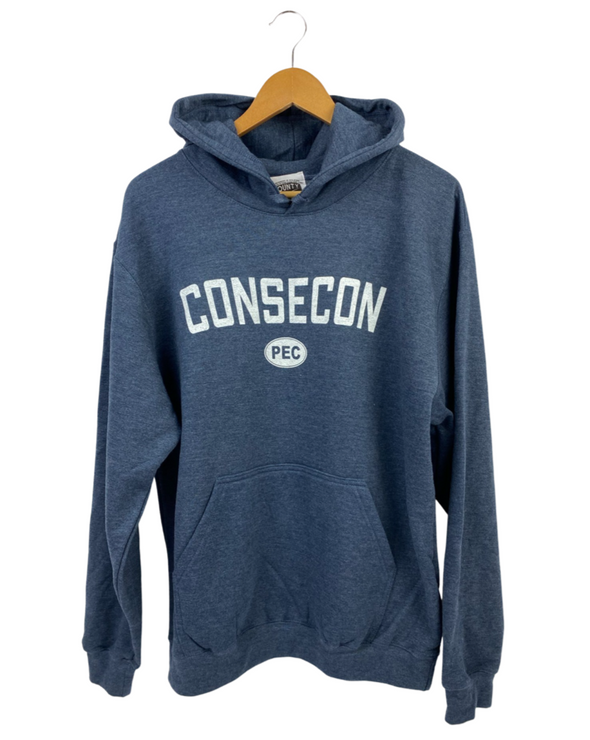 navy heather unisex hoodie with consecon pec design prince edward county