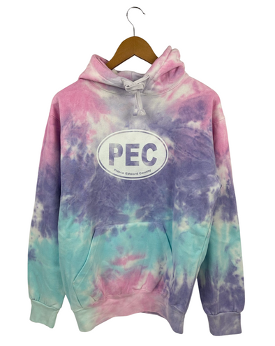 cotton candy tie dye design unisex hoodie with pec oval prince edward county screen printed design