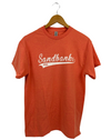 basic unisex t-shirt with sandbanks retro pec design on orange heather tshirt