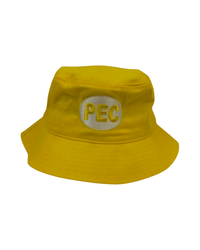 yellow bucket hat with embroidered pec oval