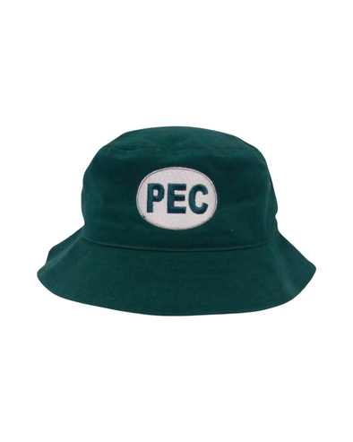 forest green bucket hat with white pec oval embroidered logo