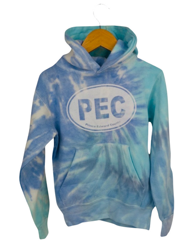 blue lagoon tie dye youth hoodie with pec prince edward county oval white design