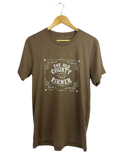 old county farmer design on brown heather unisex t-shirt prince edward county