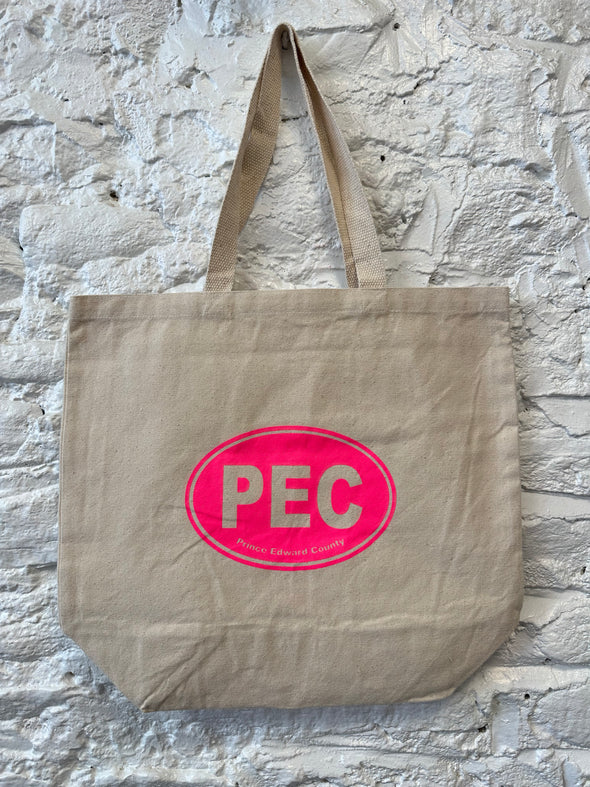 NEON PINK PEC Oval Large Canvas Cotton Tote - Natural