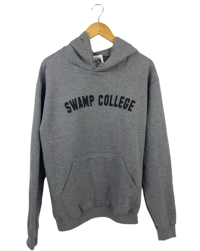 heather grey hoodie with Swamp college varsity text on front in black ink prince edward county