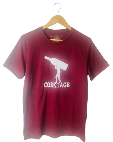 corktage portage wine bottle graphic t-shirt on burgundy