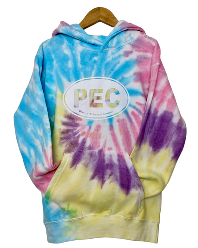 adult unisex tie dye hoodie jelly bean colours with white pec oval design