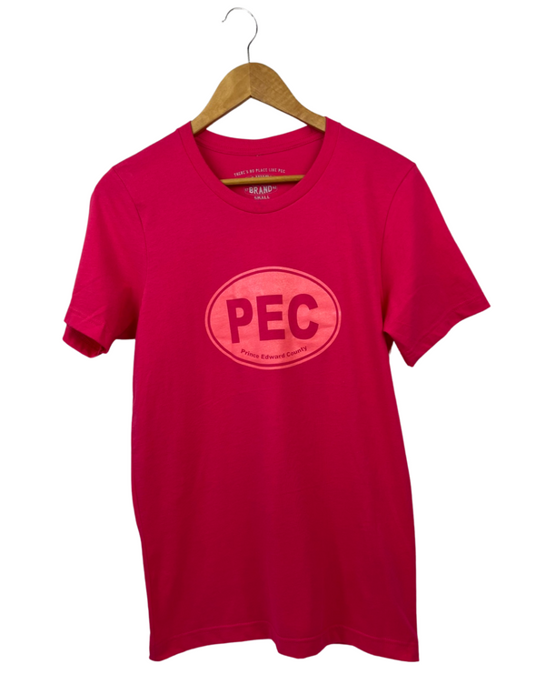 fuchsia unisex cotton t-shirt with PEC oval in light pink ink monochrome design prince edward county