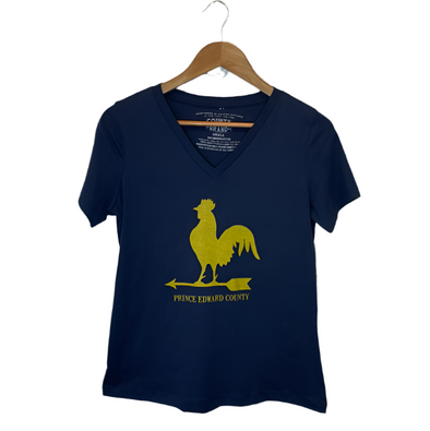 womens, V-neck, yellow ink, navy blue, tshirt, rooster, weathervane