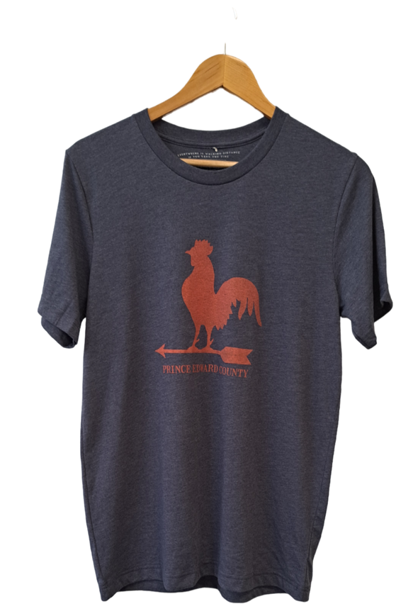 WEATHER VANE ROOSTER Men's Unisex NAVY HEATHER w/ red ink Modern Crew T-shirt