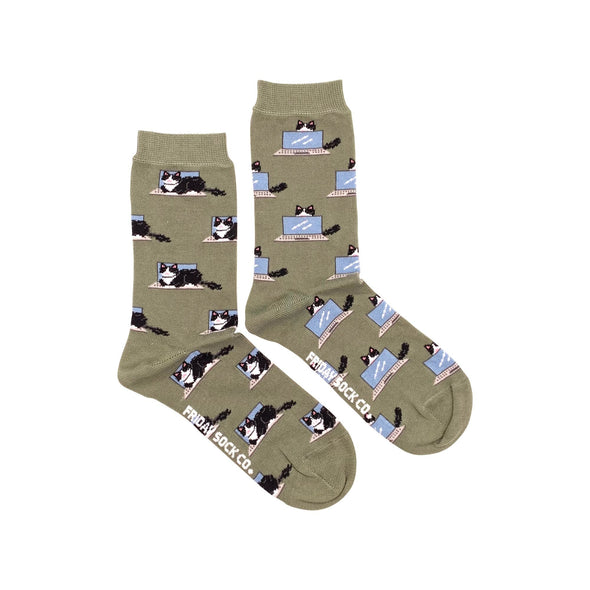 WOMEN's Fluffy Cat & Laptop Mismatched Sage Green Socks • Friday Sock Co