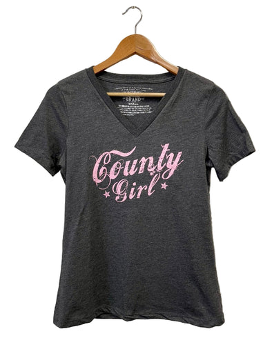 womens, county girl, charcoal heather, pink ink, vneck 