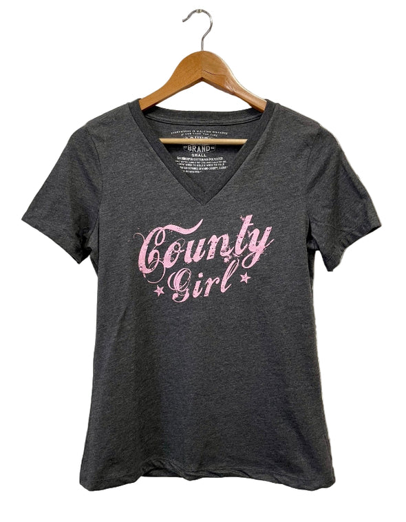 womens, county girl, charcoal heather, pink ink, vneck 