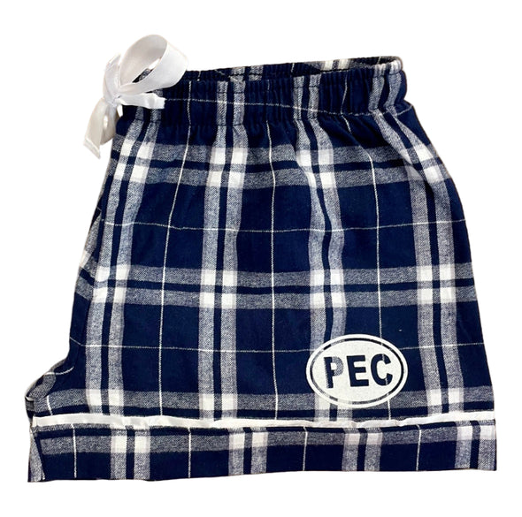 Womens, flannel, navy and silver, plaid, pjs, shorts, pec oval 