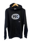 black unisex hoodie with white pec oval design made in canada