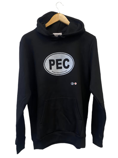 black unisex hoodie with white pec oval design made in canada