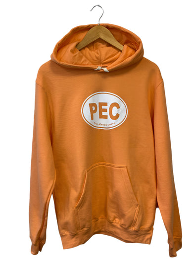 cantaloupe orange hoodie with pec oval design