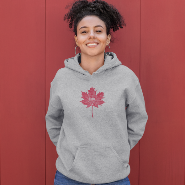 MAPLE LEAF HOME Design on Unisex Pullover Fleece Hoodie Sweatshirt in RED OR ATHLETIC GREY • MADE IN CANADA