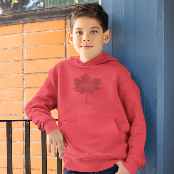 MAPLE LEAF HOME Design on YOUTH Pullover Fleece Hoodie Sweatshirt in RED OR ATHLETIC GREY • MADE IN CANADA