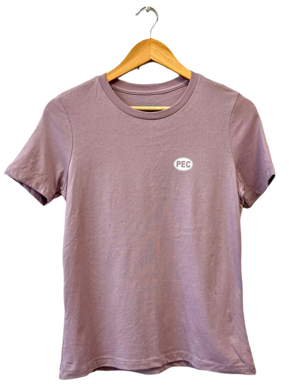 women's light violet purple crew t-shirt with tiny pec oval design