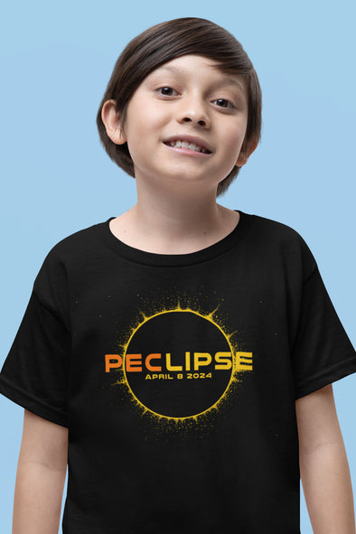 youth child wearing black t-shirt with peclipse april 2024 design for prince edward county pec total eclipse of sun souvenir