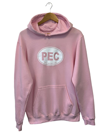 unisex light pink hoodie with pec oval design