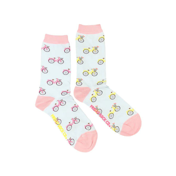 light blue with pink and yellow bicycle bike women's crew socks by friday sock co