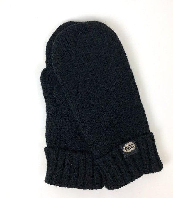 chunky black acrylic mittens with fleece lining and faux leather pec oval patch prince edward county